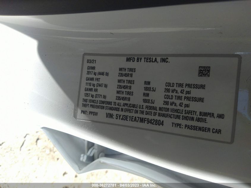 2021 TESLA MODEL 3 STANDARD RANGE PLUS - 5YJ3E1EA7MF942804