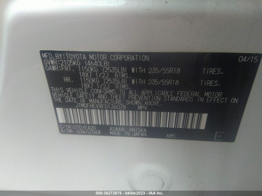 2015 TOYOTA RAV4 LIMITED - JTMDFREVXFD136078