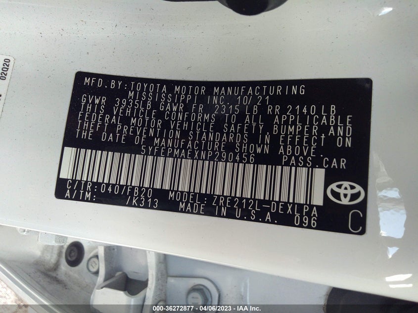 VIN 5YFEPMAEXNP290456 2022 TOYOTA COROLLA LE