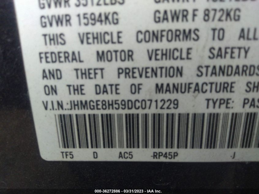 2013 HONDA FIT SPORT - JHMGE8H59DC071229