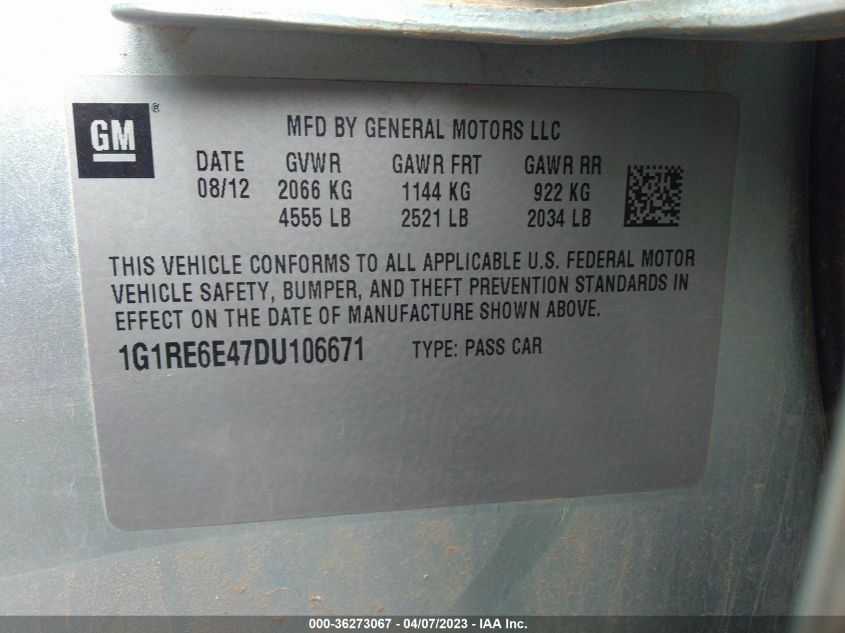 2013 CHEVROLET VOLT 1G1RE6E47DU106671
