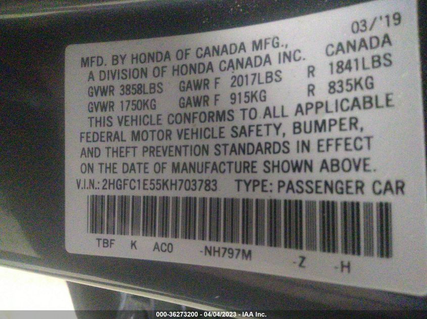 2019 HONDA CIVIC SI SEDAN - 2HGFC1E55KH703783
