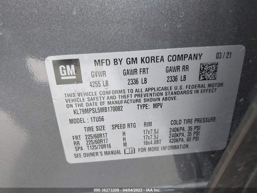 VIN KL79MPSL5MB170082 2021 CHEVROLET TRAILBLAZER LT