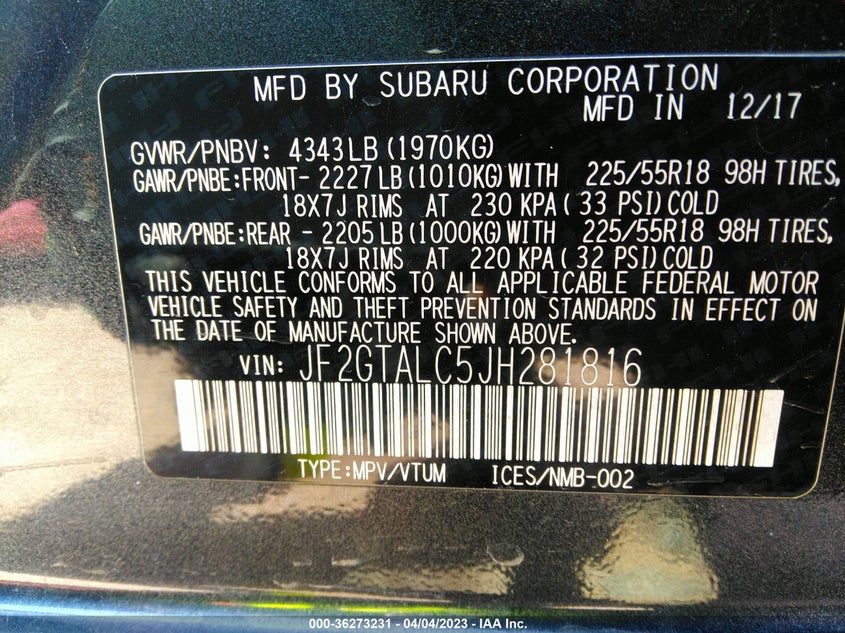 VIN JF2GTALC5JH281816 2018 SUBARU CROSSTREK LIMITED