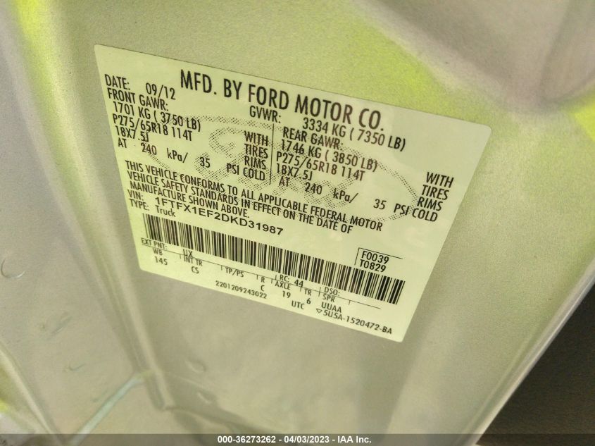 2013 FORD F-150 XL/STX/XLT/FX4/LARIAT - 1FTFX1EF2DKD31987