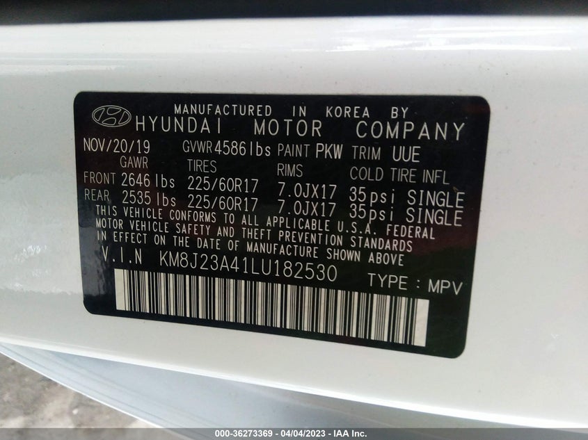 VIN KM8J23A41LU182530 2020 HYUNDAI TUCSON SE