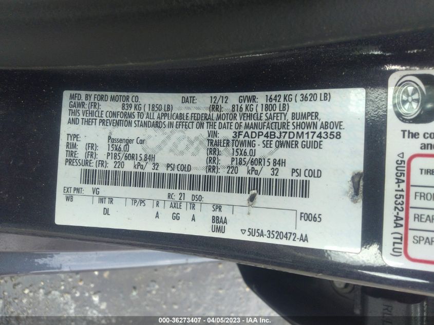 2013 FORD FIESTA SE - 3FADP4BJ7DM174358
