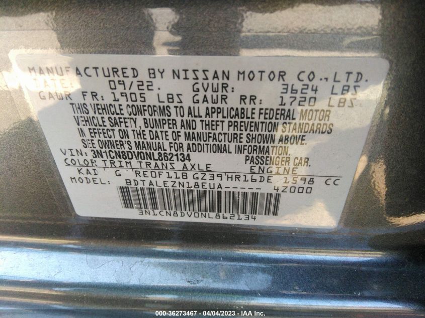 2022 NISSAN VERSA S - 3N1CN8DV0NL862134