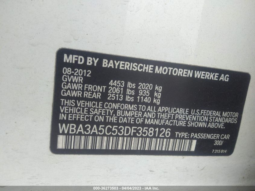 2013 BMW 3 SERIES 328I - WBA3A5C53DF358126