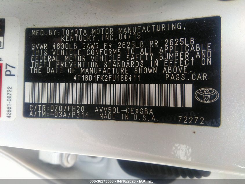 2015 TOYOTA CAMRY HYBRID LE/XLE/SE - 4T1BD1FK2FU168411