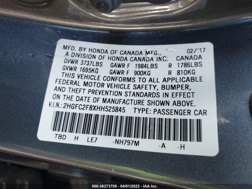 VIN 2HGFC2F8XHH525845 2017 HONDA CIVIC SEDAN EX