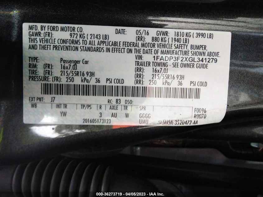 2016 FORD FOCUS SE - 1FADP3F2XGL341279