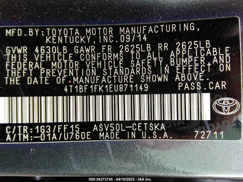 2014 TOYOTA CAMRY L/LE/XLE/SE/SE SPORT - 4T1BF1FK1EU871149