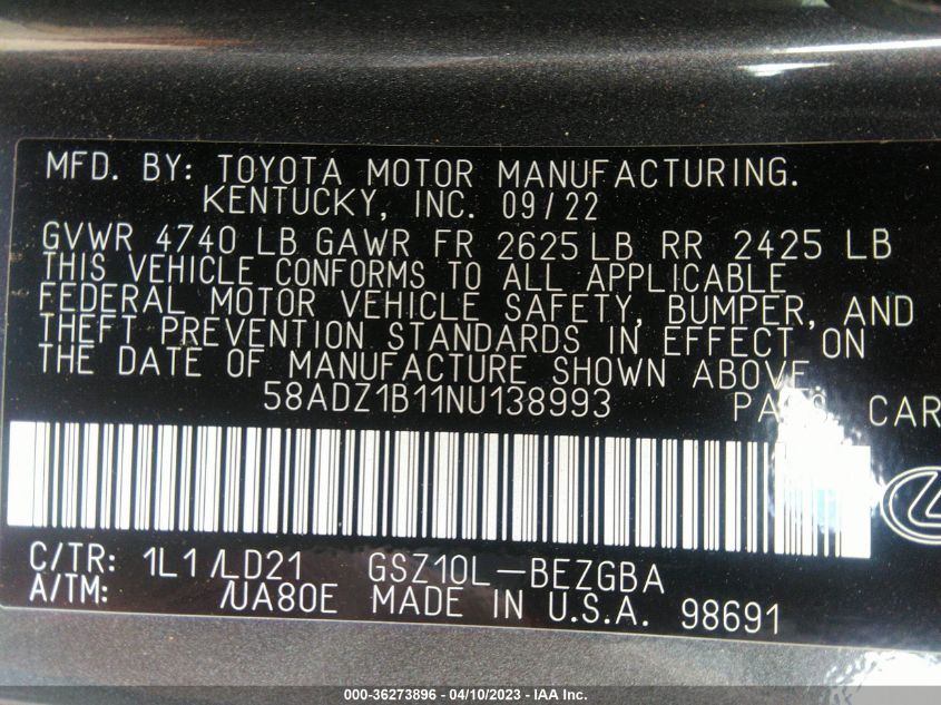 2022 LEXUS ES ES 350 - 58ADZ1B11NU138993