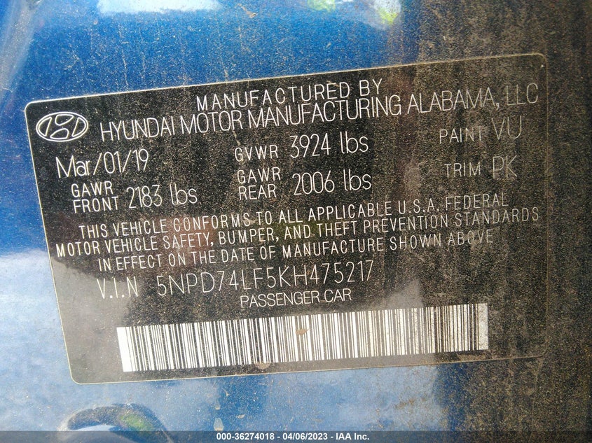 VIN 5NPD74LF5KH475217 2019 HYUNDAI ELANTRA SE