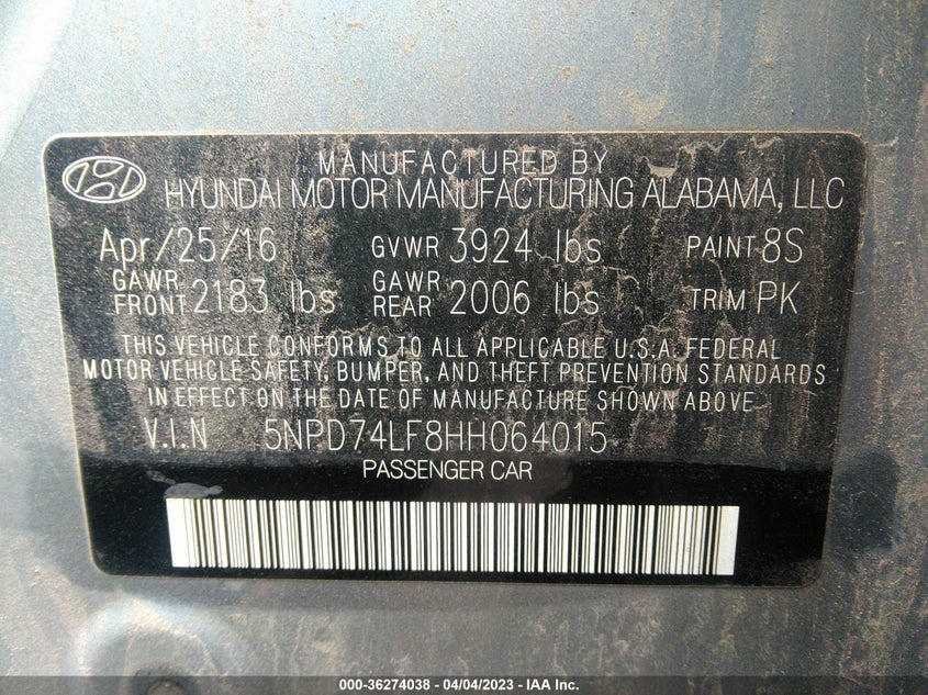 VIN 5NPD74LF8HH064015 2017 HYUNDAI ELANTRA SE