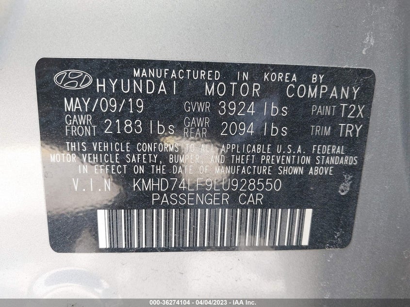 VIN KMHD74LF9LU928550 2020 HYUNDAI ELANTRA SE