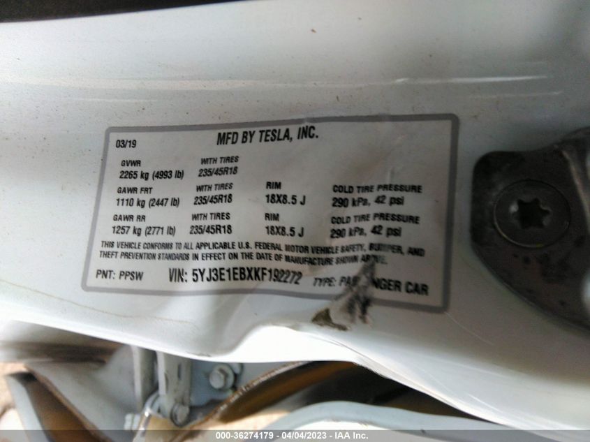 2019 TESLA MODEL 3 LONG RANGE/PERFORMANCE - 5YJ3E1EBXKF192272