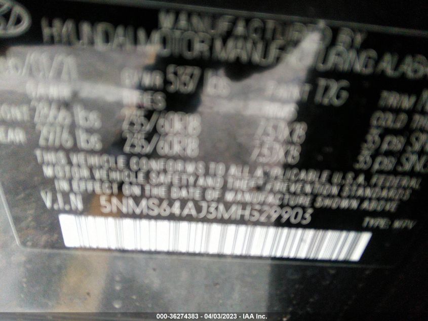2021 HYUNDAI SANTA FE SEL - 5NMS64AJ3MH329903