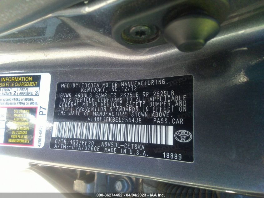 2014 TOYOTA CAMRY L/LE/XLE/SE/SE SPORT - 4T1BF1FK8EU356438