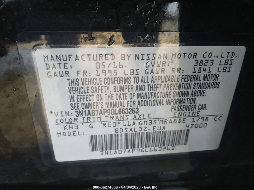 2016 NISSAN SENTRA SR/SL/S/SV/FE+ S - 3N1AB7AP9GL663263