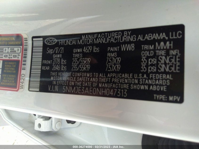 2022 HYUNDAI TUCSON LIMITED - 5NMJE3AE0NH047313