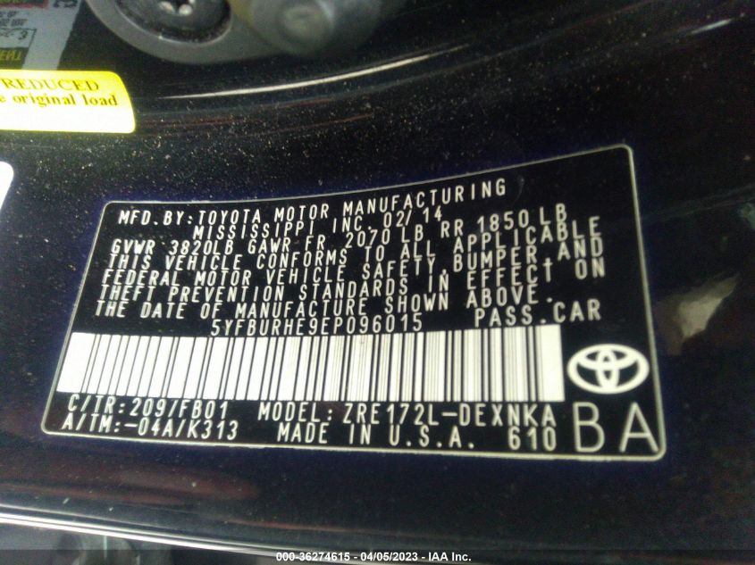 2014 TOYOTA COROLLA LE - 5YFBURHE9EP096015