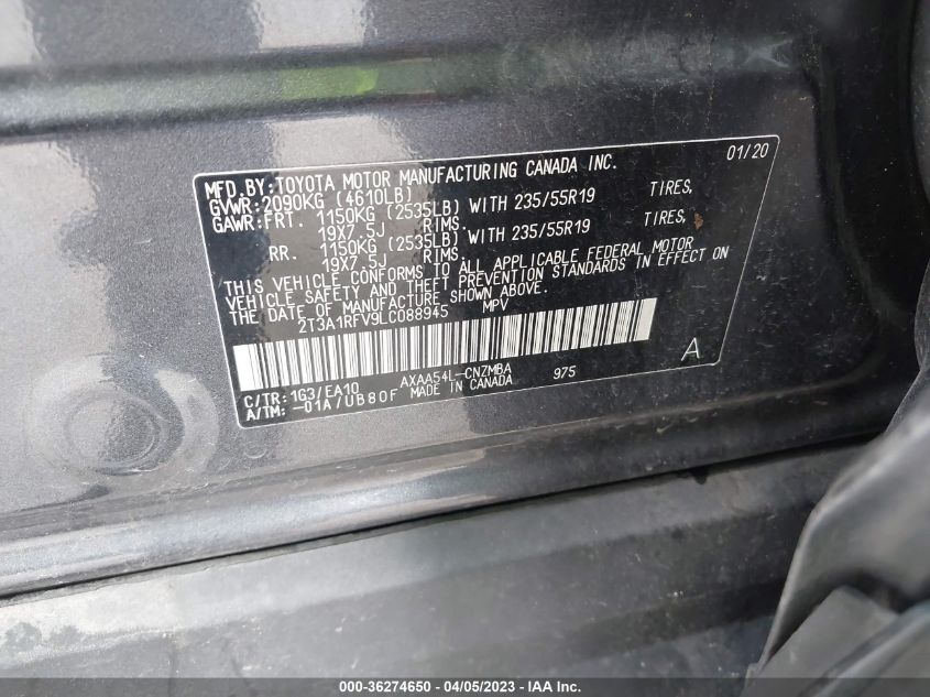 2020 TOYOTA RAV4 XLE PREMIUM - 2T3A1RFV9LC088945