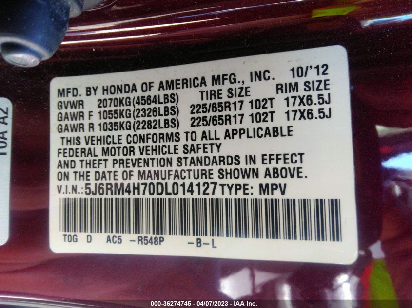2013 HONDA CR-V EX-L - 5J6RM4H70DL014127
