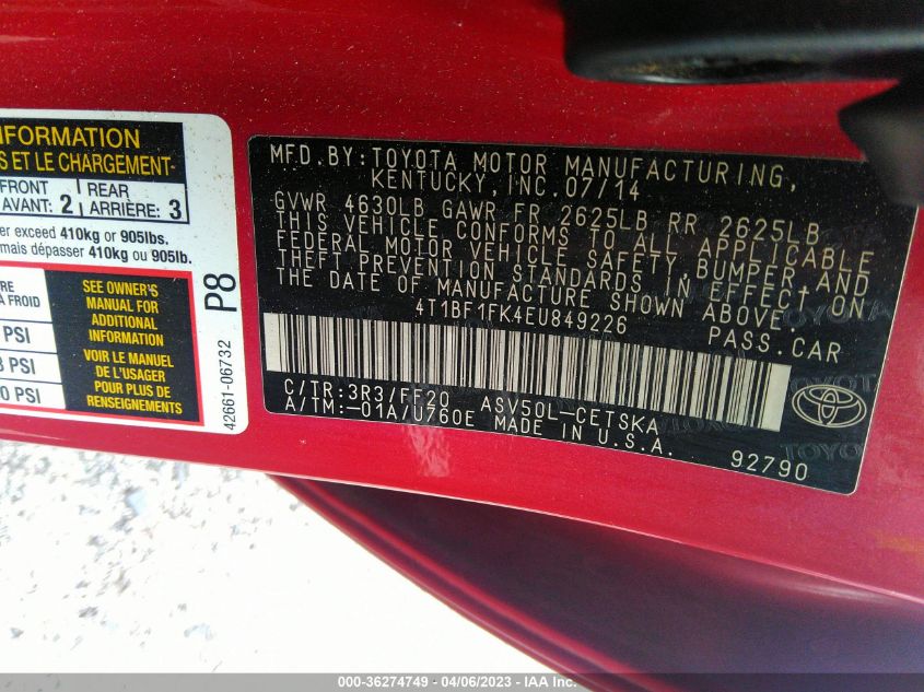 2014 TOYOTA CAMRY L/LE/XLE/SE/SE SPORT - 4T1BF1FK4EU849226