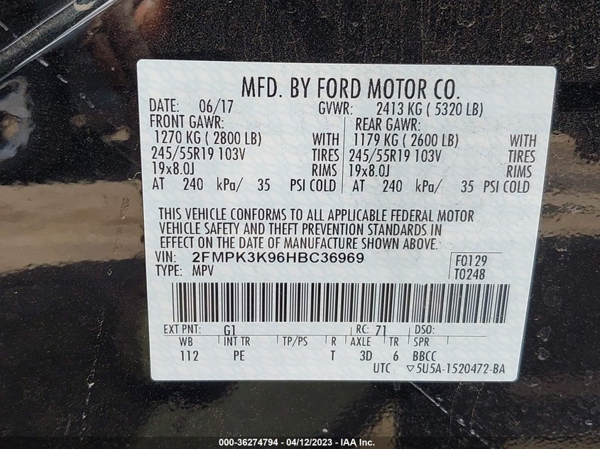 VIN 2FMPK3K96HBC36969 2017 FORD EDGE TITANIUM