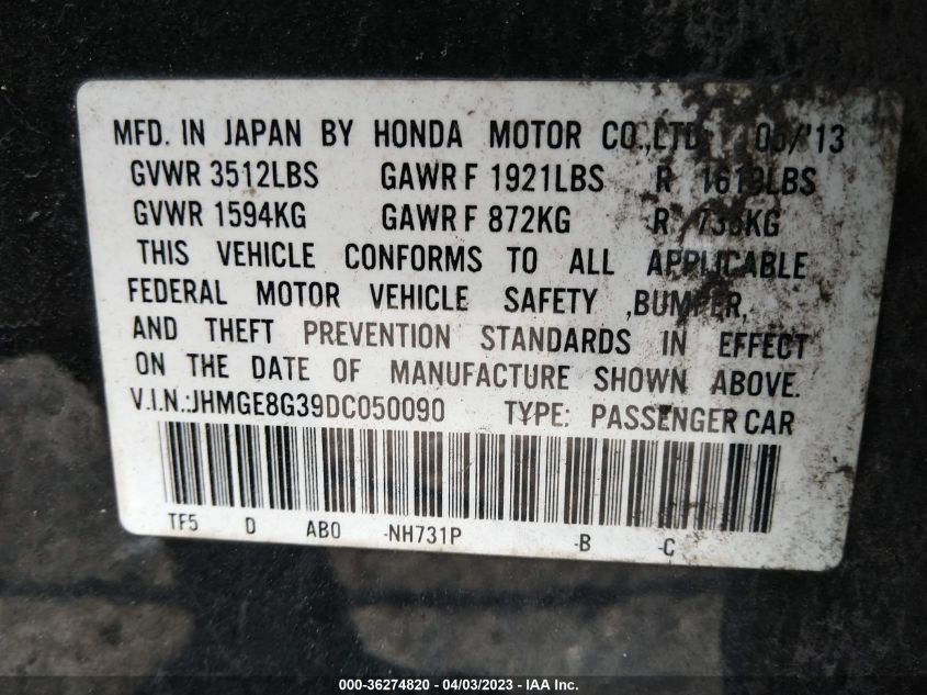 2013 HONDA FIT - JHMGE8G39DC050090
