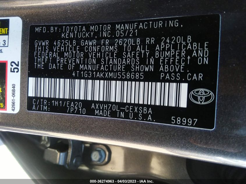 2021 TOYOTA CAMRY HYBRID SE - 4T1G31AKXMU558685