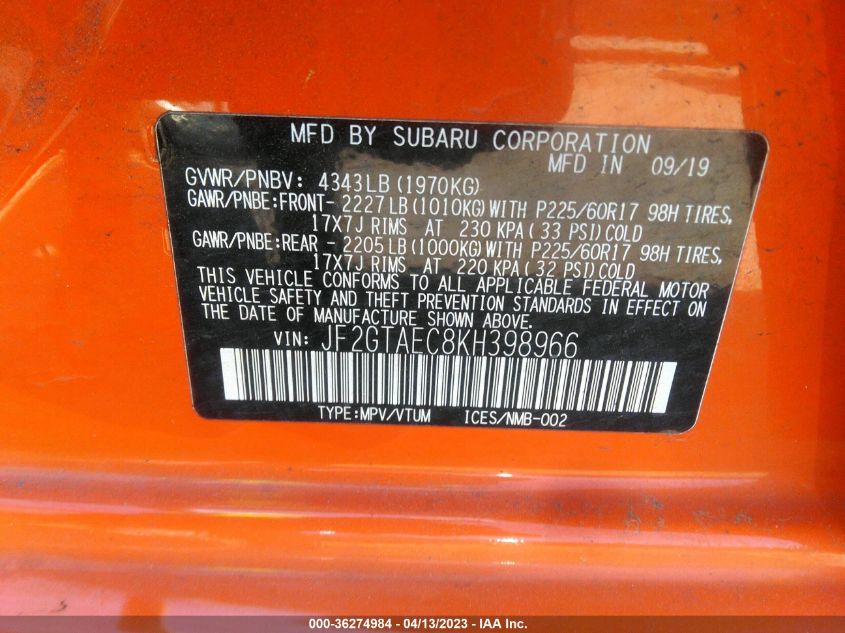 2019 SUBARU CROSSTREK PREMIUM - JF2GTAEC8KH398966