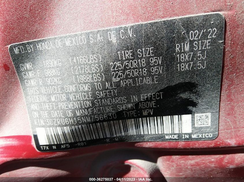 2022 HONDA HR-V SPORT - 3CZRU6H15NM756630
