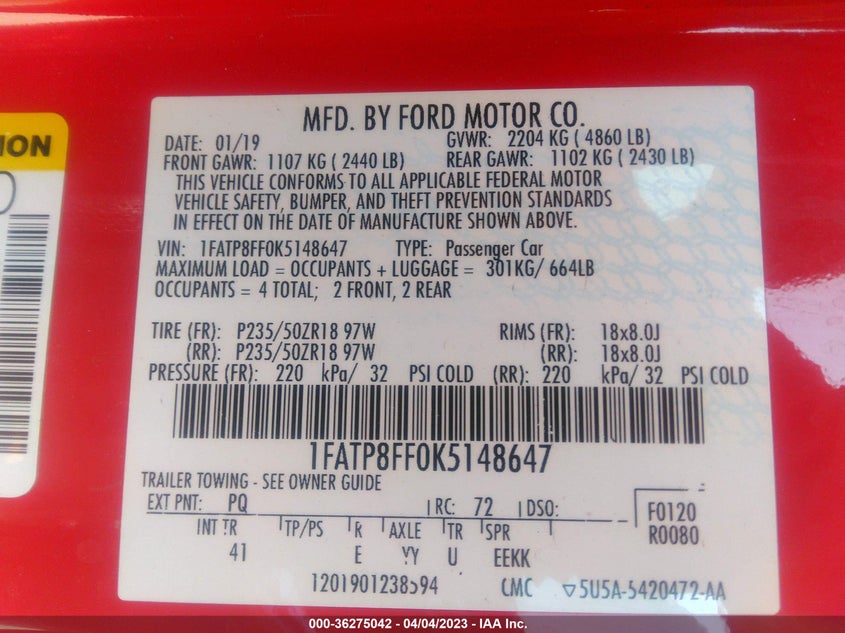 VIN 1FATP8FF0K5148647 2019 FORD MUSTANG GT PREMIUM
