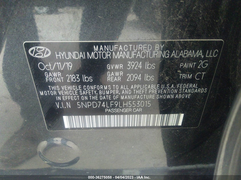 VIN 5NPD74LF9LH553015 2020 HYUNDAI ELANTRA SE