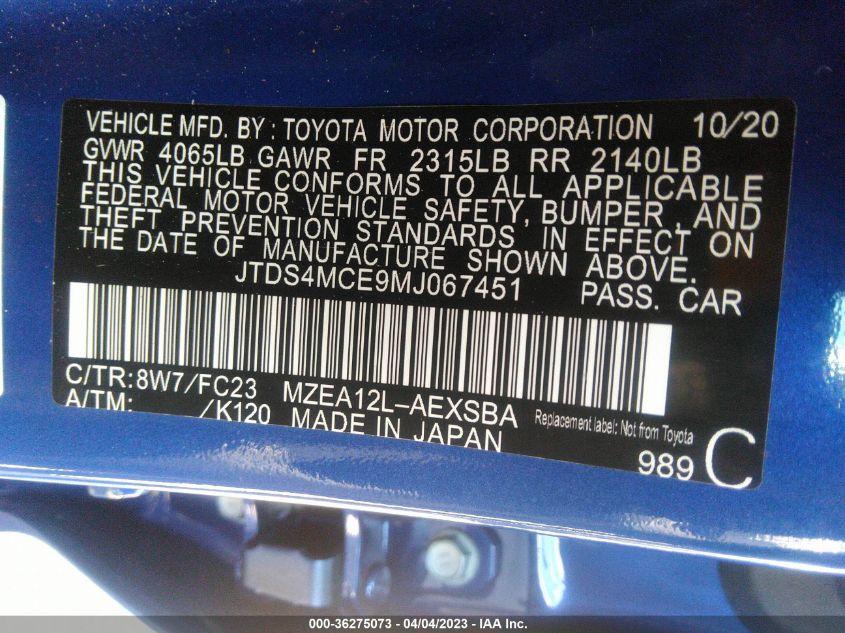 2021 TOYOTA COROLLA SE/NIGHTSHADE/APEX SE - JTDS4MCE9MJ067451