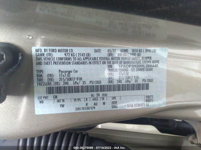 VIN 1FADP3H20HL289448 2017 FORD FOCUS SEL