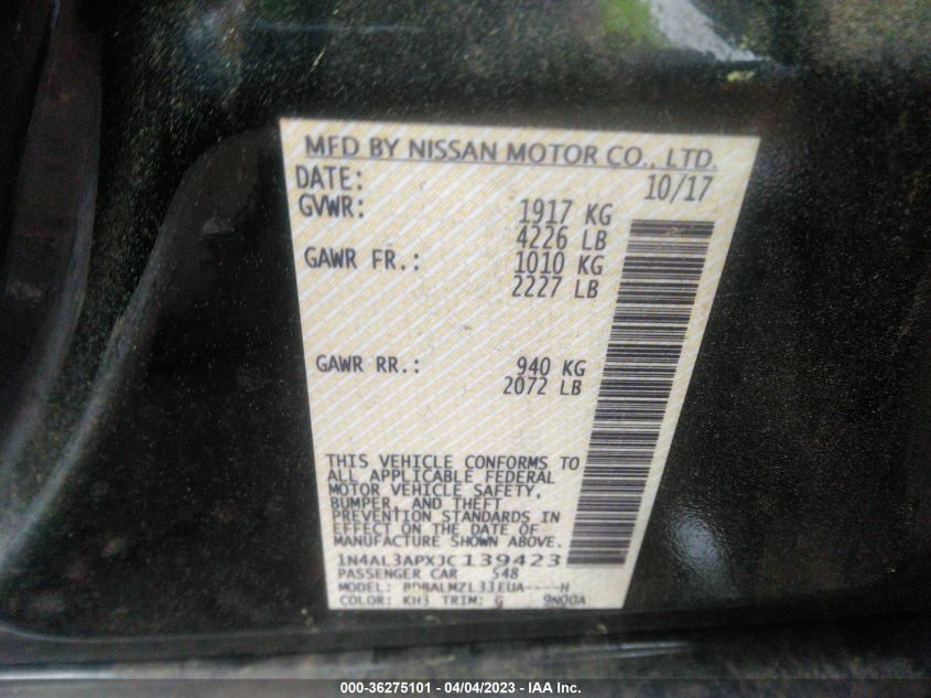 2018 NISSAN ALTIMA 2.5 SV - 1N4AL3APXJC139423