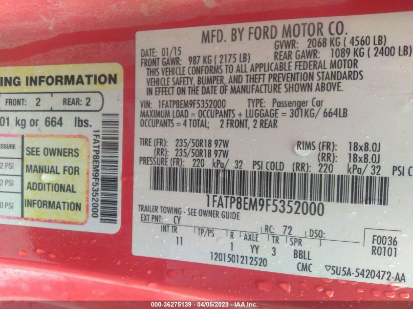 2015 FORD MUSTANG V6 - 1FATP8EM9F5352000