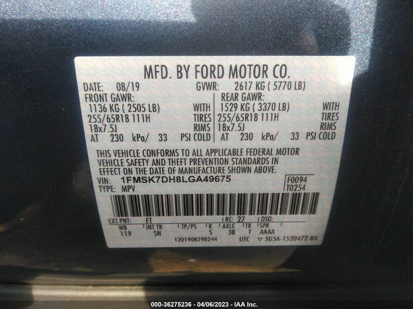 VIN 1FMSK7DH8LGA49675 2020 FORD EXPLORER XLT