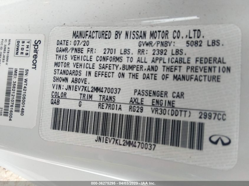 2021 INFINITI Q60 3.0T LUXE JN1EV7KL2MM470037