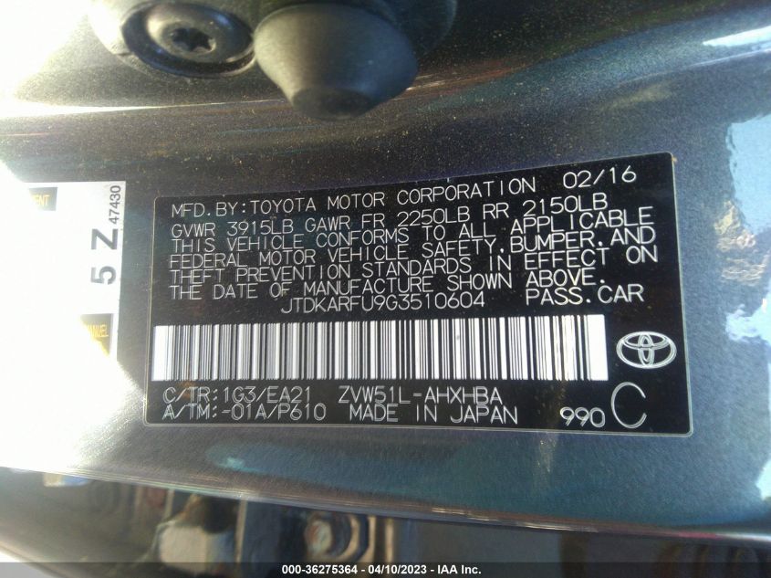 2016 TOYOTA PRIUS FOUR - JTDKARFU9G3510604