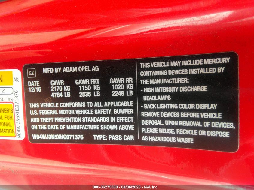 2017 BUICK CASCADA SPORT TOURING - W04WJ3N5XHG071376