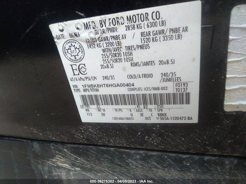 VIN 1FM5K8HT6HGA00404 2017 FORD EXPLORER PLATINUM