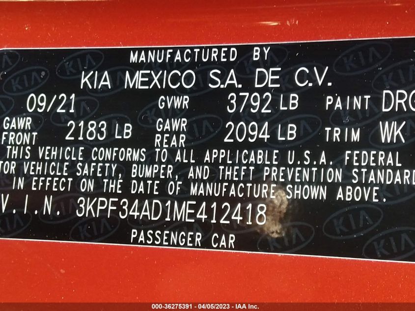 2021 KIA FORTE GT-LINE - 3KPF34AD1ME412418