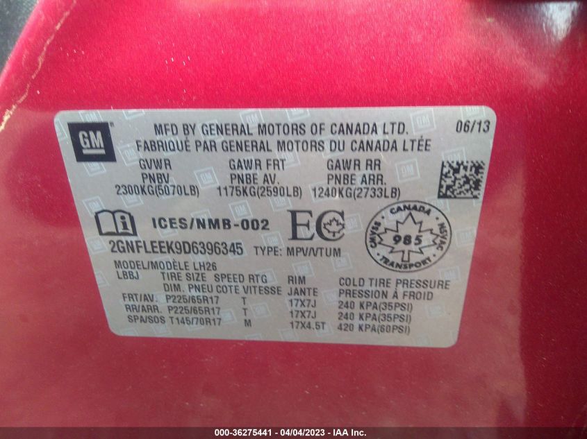 2013 CHEVROLET EQUINOX LT - 2GNFLEEK9D6396345