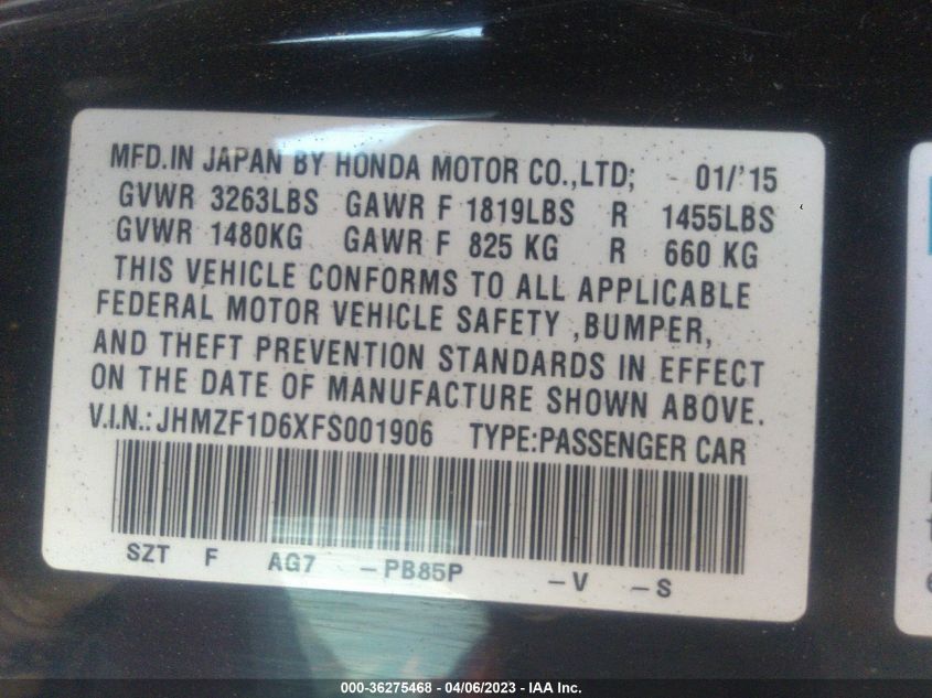 2015 HONDA CR-Z EX JHMZF1D6XFS001906