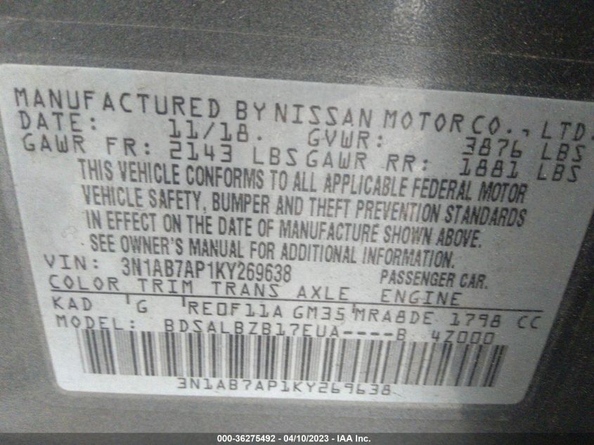 2019 NISSAN SENTRA S - 3N1AB7AP1KY269638